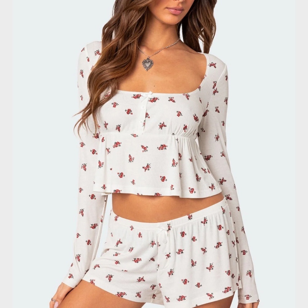 Edikted Floral Babydoll Long Sleeve Top Coquette Ribbed Bow Detail Size Medium